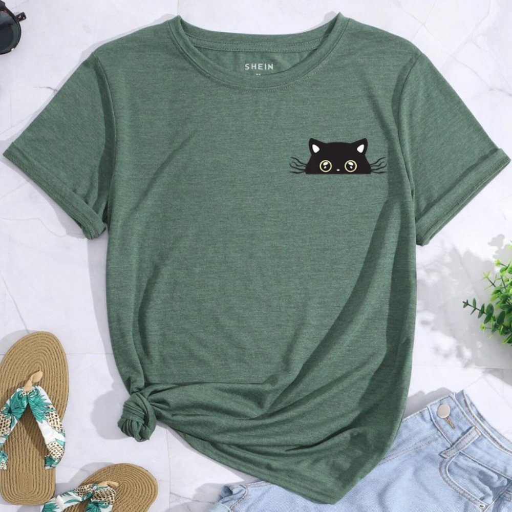 Cartoon Cat Print Graphic Tee - M